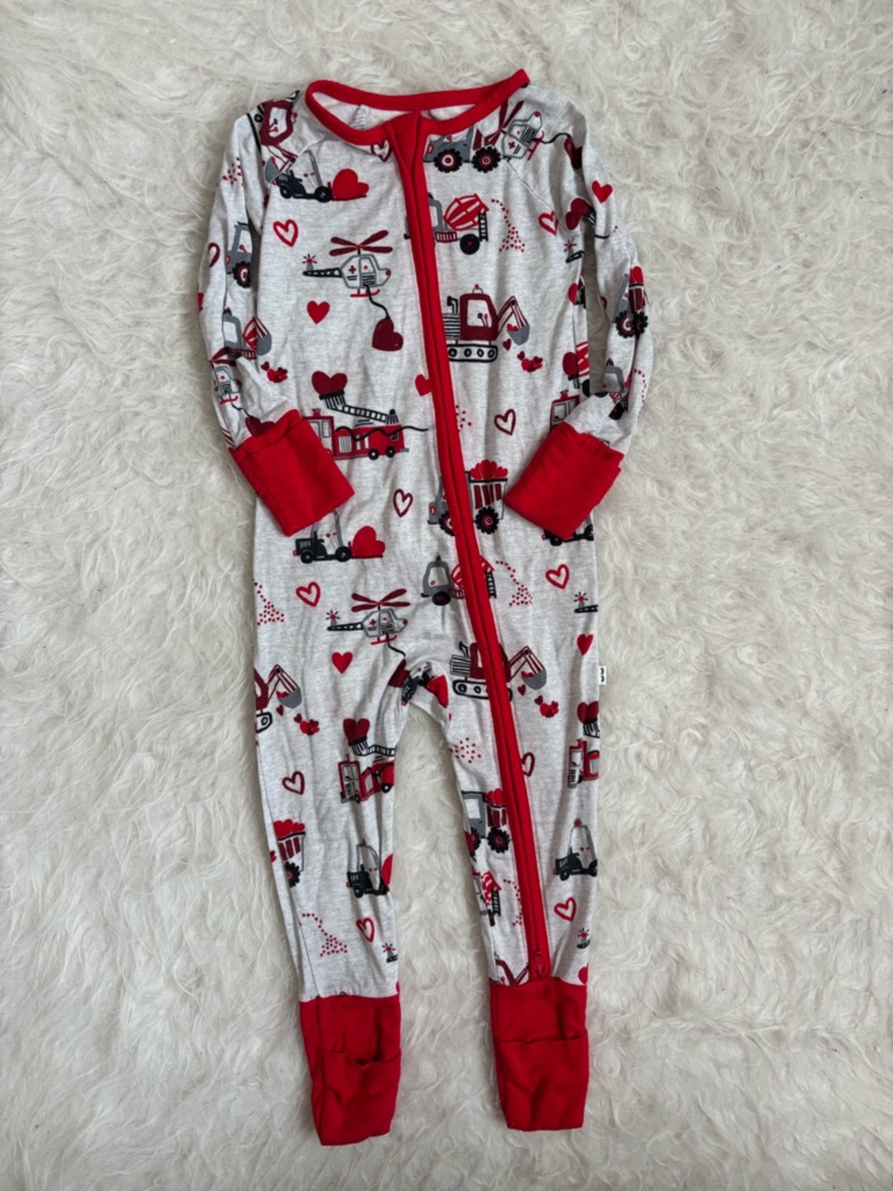 Little Sleepies Gray Footed Zippy Pajamas with Red Hearts & Vehicles AOP